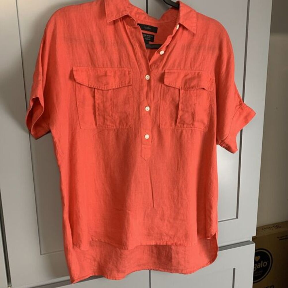 J.Crew Shirt Coral Womens XS Oversized Short Sleeve Irish‎ Linen Resort Wear
